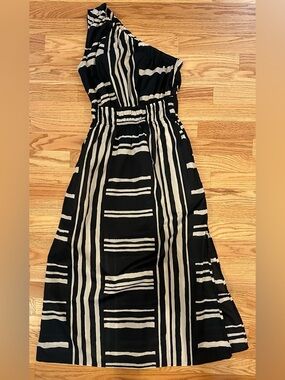 Rails Selani Island Stripe One Shoulder Dress Size XS Black Cream Cotton Midi